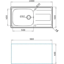 PYRAMIS ALEA PLUS 1B 1D Spüle aus Edelstahl - Ausschnitt 980 x 480 / Edelstahlspüle