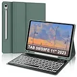 IVEOPPE Tastatur für Samsung Galaxy Tab S9 FE 10.9"/S9 11", Hülle mit Tastatur für Samsung Tab S9/S9FE 2023, Bluetooth Magnetisch 7-Farbige Beleuchtung QWERTZ Tastatur Galaxy S9 Tablet, Dunkelgrün