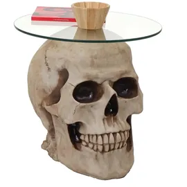 MCW Beistelltisch, Totenkopf MCW-A19, Glastisch Wohnzimmertisch Couchtisch Totenschädel, Polyresin rund Ø55cm natur