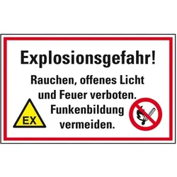 Schild I Hinweis-Kombischild Explosionsgefahr! Rauchen, offenes Licht und Feuer verboten, Kunststoff, 300x200mm