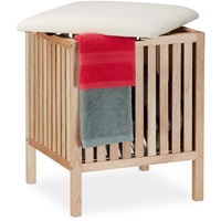 Relaxdays Wäschekorb mit Sitz, Badhocker mit Stauraum, 40 l Wäschesammler, Holz/Stoff, HBT: 51 x 41 x 41 cm, natur/weiß
