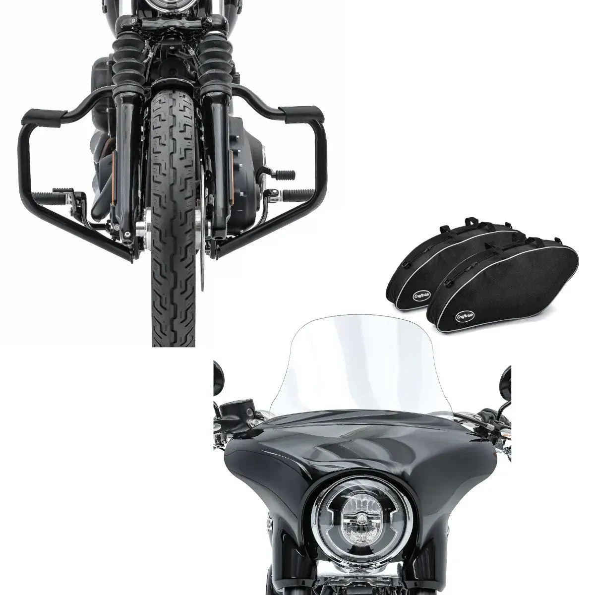 Set: Sturzbügel Mustache passend für Harley Davidson Softail Sport Glide 18-24 schwarz 32mm Craftride + Set SL1 Motorrad Windschutz Craftride L + Koffer Innentasche passend für Harley Davidson Sport Glide 18-24 Craftride