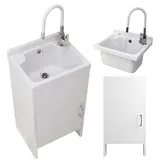 Granitan Ausgussbecken mit Unterschrank + Küchenmischer - Ausgussbecken Kunststoff für Garage Keller und Werkstatt - Unterschrank mit Türen auf beiden Seiten - 42x34x24cm - Weiß