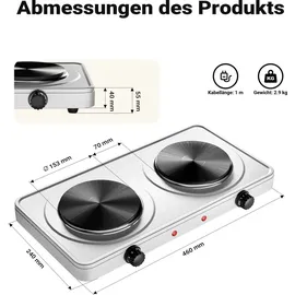 Wiltec Doppelkochplatte Kochplatte elektrisch mit Thermostat und Überhitzungsschutz Camping Herdplatte aus Gusseisen Elektro Kochplatte