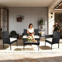 Ikodm Gartenmöbel Set 4-teilig Polyrattan Sitzgruppe mit 2 Sesseln, 2-Sitzer Sofa und Glastisch, Schwarz - Schwarz