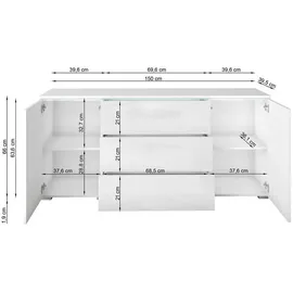 P & B Sideboard Vera mit LED ca. 150 cm Weiß Hochgl./Grau