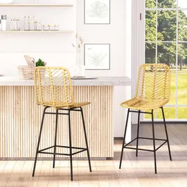 Homcom Barhocker 2er Set, Barstuhl mit Rattenoptik, Tresenhocker mit Rückenlehne, Küchenstühle integrierter Fußstütze, für Küche, Wohnzimmer, Esszimmer, Boho-Stil, Gelb