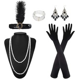 MIVAIUN 6 Teiliges 20er Jahre Accessoires mit Stirnband Ohrringen Halskette Handschuhen Handheld-Requisiten, Mafia Gatsby Kostüm Set Damen Flapper Set,1920s Gatsby Schmuck, Flapper Party (Schwarz)