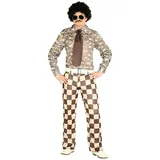 60er 70er Jahre Retro Herren Disco Kostüm kariert Bad Taste Hemd Hose Krawatte Dancefloor Schlagermove Festival Blumen, Größe:M