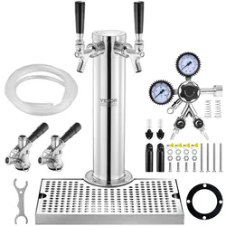 VEVOR Kegerator-Turm-Kit, Bier-Umrüstsatz mit 2 Zapfhähnen, Bier-Turmspender aus Edelstahl mit Doppelmessgerät W21.8-Regler und S-System-Fasskupplung, Bier-Tropfschale für Partys zu Hause