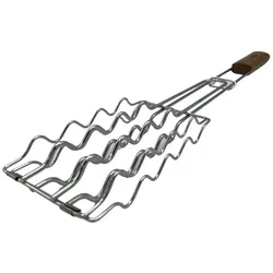 Grandhall Grillwurst Korb BBQ Sausage Grill Basket Bambus verchromter Stahlgrillkorb