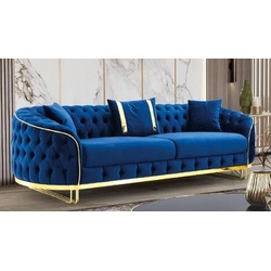 Casa Padrino Chesterfield-Sofa Luxus Chesterfield Sofa Blau / Gold 240 x 95 x H. 72 cm – Modernes Wohnzimmer Sofa – Chesterfield Wohnzimmer Möbel