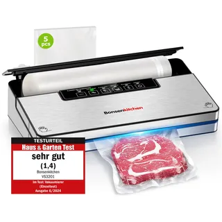Bonsenkitchen Vakuumierer, Stark Vakuumiergerät mit 5 Modi, 8 L/Min, Globefish-Technologie für Kontinuierliches Arbeiten mit Hoher Geschwindigkeit, Enthält 5 Vakuumbeutel und 1 Rollbeutel