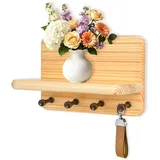Jemyxhw Schlüsselbrett Holz mit Ablage und 4 Haken (Natürlicher Holzton)