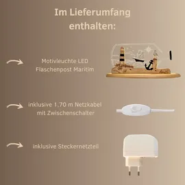 Weigla LED Dekolicht WEIGLA "Flaschenpost "Maritim" aus Holz & Acrylglas", natur, weiß, braun, H:22cm L:47cm T:8,2cm, Leuchten, Erzgebirge garantiert, maritime Innendeko, Dekolampe
