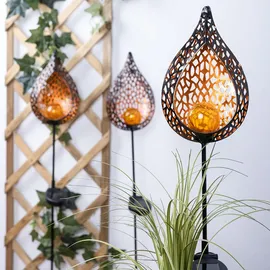 ETC Shop LED Solar Außen Stecklampe Flammeneffekt Solarleuchte Gartendeko Glas Kugel Erdspieß, Gold, 1x LED, L x x H16 x 7 x 90 cm, 3x