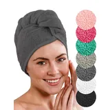 LAYNENBURG Premium Haarturban mit Knopf aus 100% Baumwolle - Haar-Handtuch inkl. 4 Haargummis - für Kurze und Lange Haare – Turban Handtuch ist schnelltrocknend und saugstark (anthrazit)