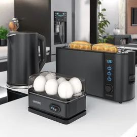 Arendo Frühstücks-Set Wasserkocher 1,5l, 2-Scheiben Toaster, 6er Eierkocher, Schwarz