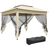 Faltbarer Gartenpavillon 3x3 Meter, Pop-up-pavillon Aus Metall Und Wasserdichtem Polyester, Uv-schutz, Mit Integrierten Moskitonetzen Und Tragetasche, Cremefarben.