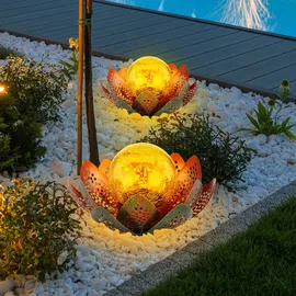 GLOBO Garten Außenlampen Solarleuchte dekorative LED Solarleuchte im Lotusblüten Design, Glaskugel goldfarben, LED, 22cm, Terrasse, 2er Set