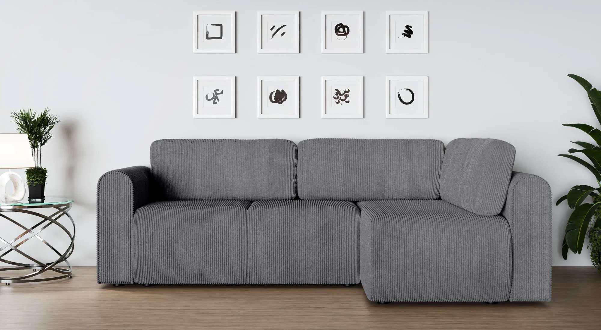 Ecksofa INOSIGN "Ecksofa Zacharia wahlweise mit Bettfunktion, BxTxH 250x166x86 cm" Sofas Gr. B/H/T: 250 cm x 86 cm x 166 cm, Cord, Ottomane beidseitig montierbar, mit Bettfuntion und Bettkasten, grau L-Form mit Wellenunterfederung, Recamiere beidseitig montierbar