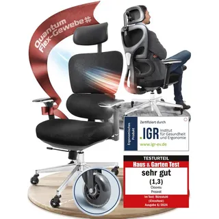 CLOUVOU Bürostuhl ProSeat, ergonomischer Schreibtischstuhl, Gaming Stuhl, Chefsessel (für Arbeitszimmer, QuantumFlex-Gewebe, 4D Chrom-Metallarmlehne), Blade Wheels, Homeoffice, Ergonomic Chair, Drehstuhl 150 kg schwarz