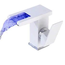 Gojoy Wasserhahn mit Licht Bad, Led Wasserfall Badezimmer Wasserhahn Schwarz & Weiß Led Licht 3 Farben Ändern Auslauf Waschtischarmatur(White)
