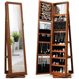 Costway - 2 In 1 Schmuckschrank & Leiterregal Mit Ganzkoerperspiegel Und Kleinem Schminkspiegel, Schmuck Spiegelschrank Abschliessbar Und Drehbar, Schmuckregal Stehend Braun