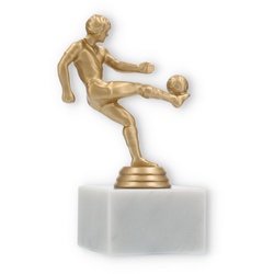 Pokal Kunststofffigur Fußballspieler goldmetallic auf weißem Marmorsockel 15,0cm
