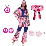 Betensh Hippie Kostüm Damen, 70er Jahre Outfit Damen, Hippie Kleidung für Karneval Cosplay (XXL)