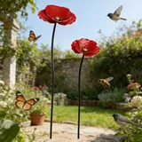 2 Stück Blumen Gartenstecker Rostfrei, Metall Blumen Gartenstecker Vogeltränke Blume mit Wetterfest, Bienentränke für den Garten, Blumengartenstecker für Insekten und Vögel Trinken Wasser (Rot)