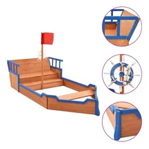 vidaXL Holzsandkasten Piratenschiff mit Dach blau/mehrfarbig