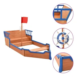 vidaXL Holzsandkasten Piratenschiff mit Dach blau/mehrfarbig