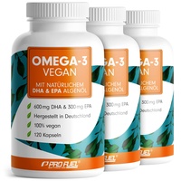 Omega-3 vegan Kapseln 360x - 2000 mg Algenöl pro Tag - hochdosiert mit 600mg DHA + 300mg EPA - hochwertige Omega-3 Algenöl Kapseln vegan - DHA:EPA Verhältnis 2:1 - laborgeprüft mit Analyse-Zertifikat