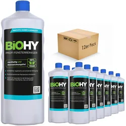 BiOHY Profi Fensterreiniger (12x1l Flasche) | Konzentrat, ideal für alle FENSTERSAUGER | Streifenfreie Reinigung von Glas-, Fensterflächen