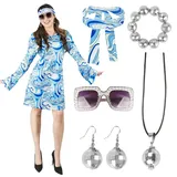 Hippie D5 6PCS Hippie Kostüm Damen, 60er 70er Jahre Outfit Damen, Hippie Stirnband+Haarband+Brille+Halskette+Ohrringe, Disco Outfit Hippie Accessoires Damen, Damen Kleid für Karneval Party