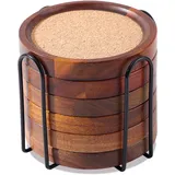 WLWNWFT Holz Untersetzer für Gläser 6er Set, Glasuntersetzer aus Akazienholz und Kork, Absorbierende Untersetzer Kork Rund mit Halter, 10.5 cm Durchmesser