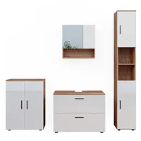 Vicco Badmöbel-Set Irma, Eiche Weiß Hochglanz modern Badezimmerschrank Badschrank