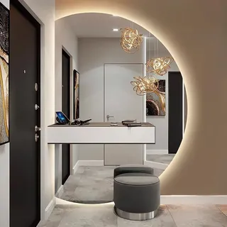UkewEi 3 Lichtfarbe Rahmenlos Halbrunder Wandspiegel, Wandmontage Beschlagfrei Badspiegel, Dimmbar LED Spiegel mit Hinterleuchteten (Color : Left Cut, Size : 63 * 90cm)