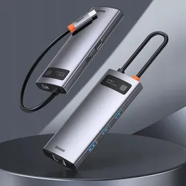 Baseus Metal Gleam USB-C zu 3x USB 3.0 + HDMI + USB-C PD + Ethernet RJ45 - USB 3.0 - 6 Ports), Dockingstation Hub Grau