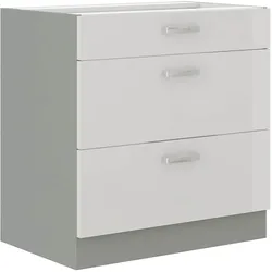 Küchen Unterschrank 80 Bianca Weiss Hochglanz + Grau Vollauszug Soft-Close