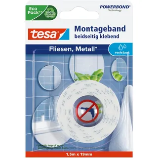 Tesa Montageband für Fliesen und Metall feuchtraumbeständig, mit bis zu 10 kg Haltekraft pro Meter - doppelseitiges Montageklebeband für glatte Oberflächen - 1,5 m x 19 mm