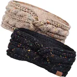 Damen Winter Stirnband Gefüttert mit Fleece - Gestrickt Mädchen Ohrenwärmer Haarband Elastische Kopfband, Damen Twist Gestricktes Stirnbänder 2 Stück (Schwarzer Punkt+Beige Punkt)