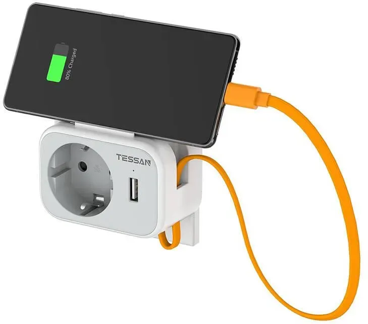 TESSAN Steckdosenadapter mit USB Ladefunktion, 1x Schutzkontakt, 1x USB-A, 15cm USB-C Kabel