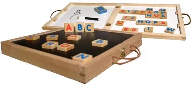 Magnet-Whiteboard-Tafel fr Kinder 30,5x30,5 cm, Holz, schwarz/wei/natur - KREA Alphabet, 67 Magnetbuchstaben, Marker, Wischtuch