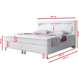 IHG Boxspringbett Milano 180x200 Bettkasten Kunstleder Weiss TYP 6 mit integriertem Topper