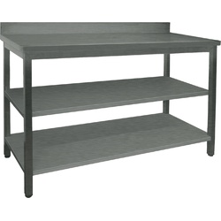 Industrieller Arbeitstisch aus Edelstahl AISI 304 mit zwei Ablagen, Rückwand und höhenverstellbaren Beinen 2500X600X1050Mm.