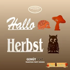 Weigla - Figurenset 5 TLG. original Erzgebirge I Motiv Herbst weiß/braun/orange I Figurenset für Dekosockel I detailreiche Holzkunst I Herbstdeko mit Schriftzug Hallo Herbst, Einer Eule, Igel & Pilz