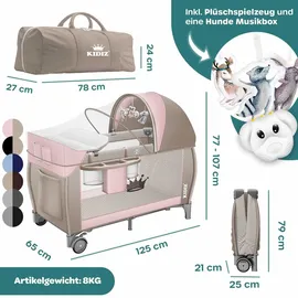 Kidiz KIDIZ® Babybett Reisebett Kinderreisebett Faltbar mit Matratze 120x60, Seiteneingang, Wickelauflage, Mosktionetz, Spielbogen & Tragetasche Baby Beistellbett Kinderbett ab Geburt bis 15 kg