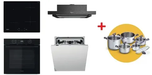 Whirlpool Backofen OMK58CU1SB + Induktionskochfeld WSQ7360NE + Geschirrspüler WIC3C26F + Dunstabzugshaube AKR7491NB